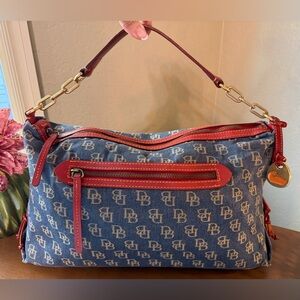 Dooney & Bourke Vintage Blue Denim Signature Monogram w/ Red LeatherShoulder Bag
